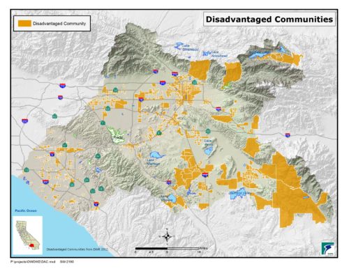 Map of Disadvantaged Communities (highlighted in solid orange), Tribal Communities, and Known Contaminant Plumes within the Santa Ana River Watershed.